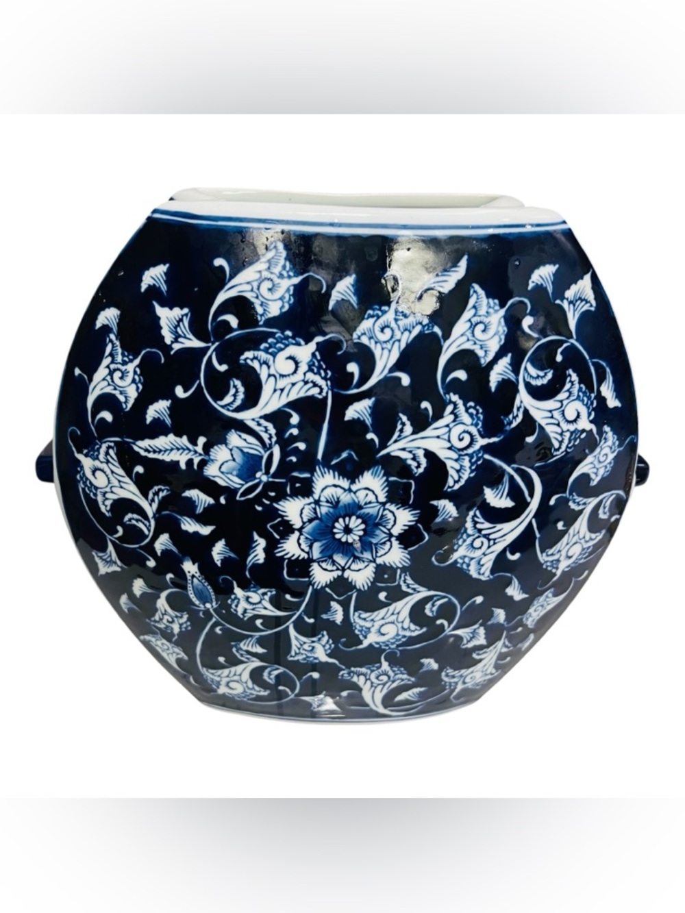 Large Blue & White Chinoiserie Porcelain Cachepot Planter Jardiniere Vase 12”